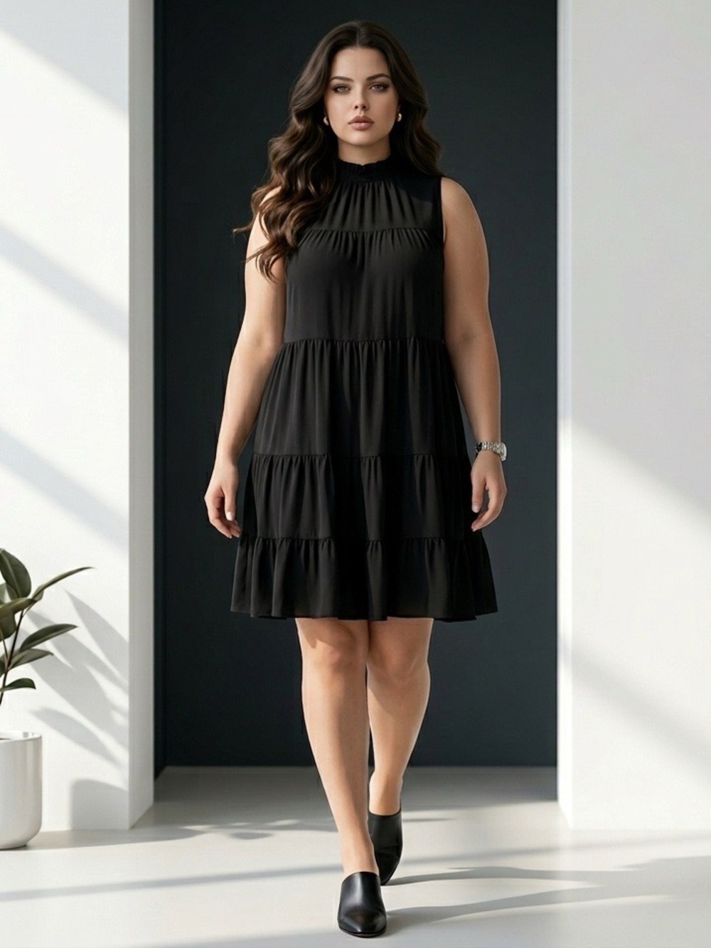 Pinch Black Tiered Sleeveless Mock Neck Midi Dress Size Large